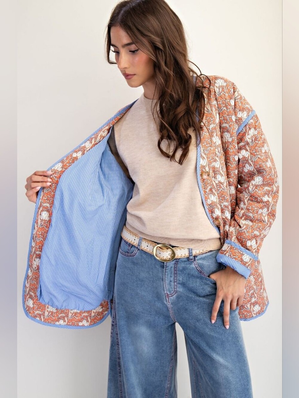 A5-0831 Easel Quilted Cotton Floral Fall Tie Front Jacket Coat - Picture 5 of 6